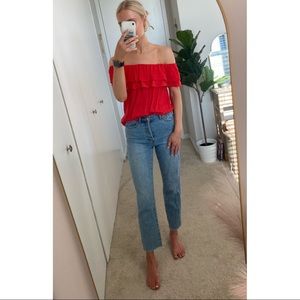 Red off the shoulder ruffle top